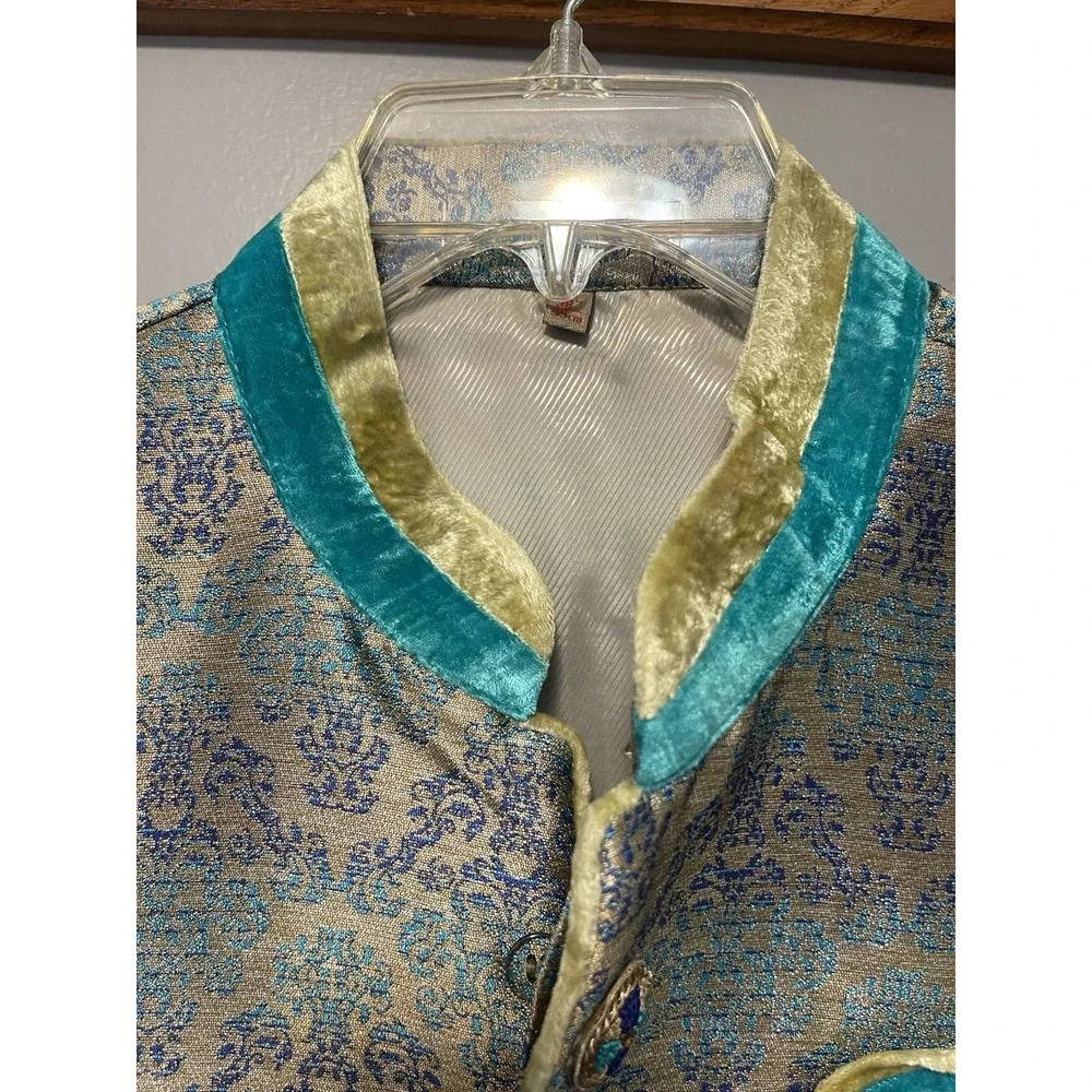 Nehru jacket/vest Men's Xl Teal/Gold Silk Wedding Matching Pocket Square Buttons